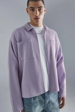 Pleated Boxy Zip Through Collared Shirt | BoohooMAN UK