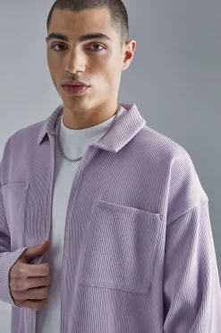 Pleated Boxy Zip Through Collared Shirt | BoohooMAN UK