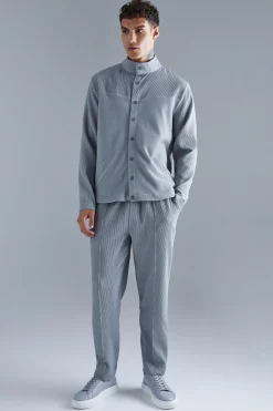 Pleated Harrington & Elasticated Pintuck Trouser Set | BoohooMAN UK