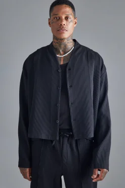 Pleated Longsleeve Collarless Boxy Shirt | BoohooMAN UK