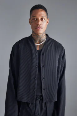Pleated Longsleeve Collarless Boxy Shirt | BoohooMAN UK