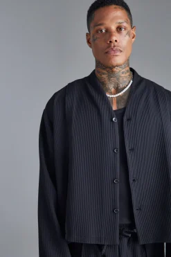 Pleated Longsleeve Collarless Boxy Shirt | BoohooMAN UK
