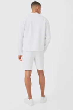 Pleated Longsleeve Collarless Boxy Shirt & Short Set | BoohooMAN UK