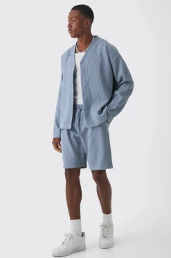 Pleated Longsleeve Collarless Boxy Shirt & Short Set | BoohooMAN UK