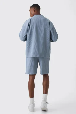 Pleated Longsleeve Collarless Boxy Shirt & Short Set | BoohooMAN UK