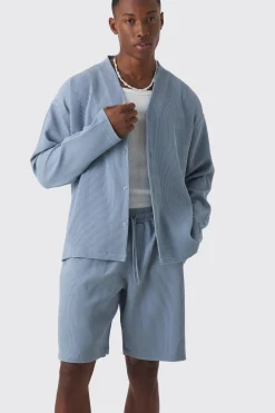 Pleated Longsleeve Collarless Boxy Shirt & Short Set | BoohooMAN UK