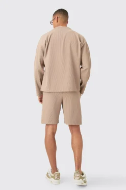 Pleated Longsleeve Collarless Boxy Shirt & Short Set | BoohooMAN UK