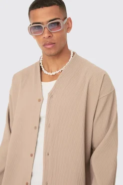Pleated Longsleeve Collarless Boxy Shirt & Short Set | BoohooMAN UK