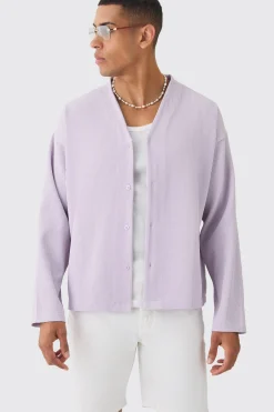 Pleated Longsleeve Collarless Boxy Shirt | BoohooMAN UK