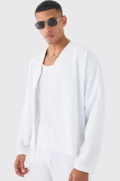 Pleated Longsleeve Collarless Boxy Shirt | BoohooMAN UK