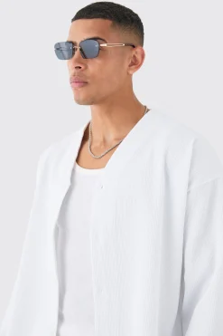 Pleated Longsleeve Collarless Boxy Shirt | BoohooMAN UK