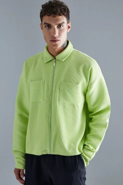 Pleated Longsleeve Zip Up Boxy Shirt | BoohooMAN UK