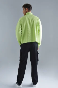 Pleated Longsleeve Zip Up Boxy Shirt | BoohooMAN UK