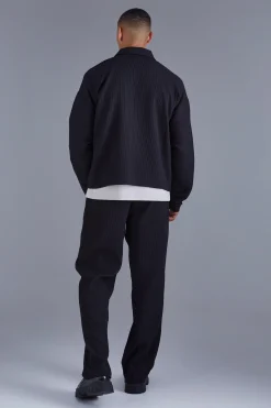 Pleated Longsleeve Zip Up Boxy Shirt | BoohooMAN UK