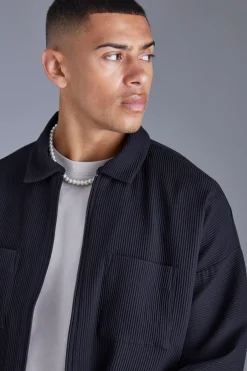 Pleated Longsleeve Zip Up Boxy Shirt | BoohooMAN UK