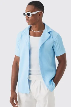 Pleated Muscle Fit Revere Shirt | BoohooMAN UK