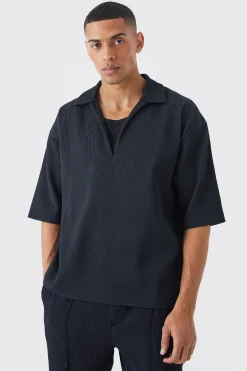 Pleated Oversized Boxy V Neck Shirt | BoohooMAN UK