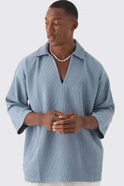 Pleated Oversized Boxy V Neck Shirt | BoohooMAN UK