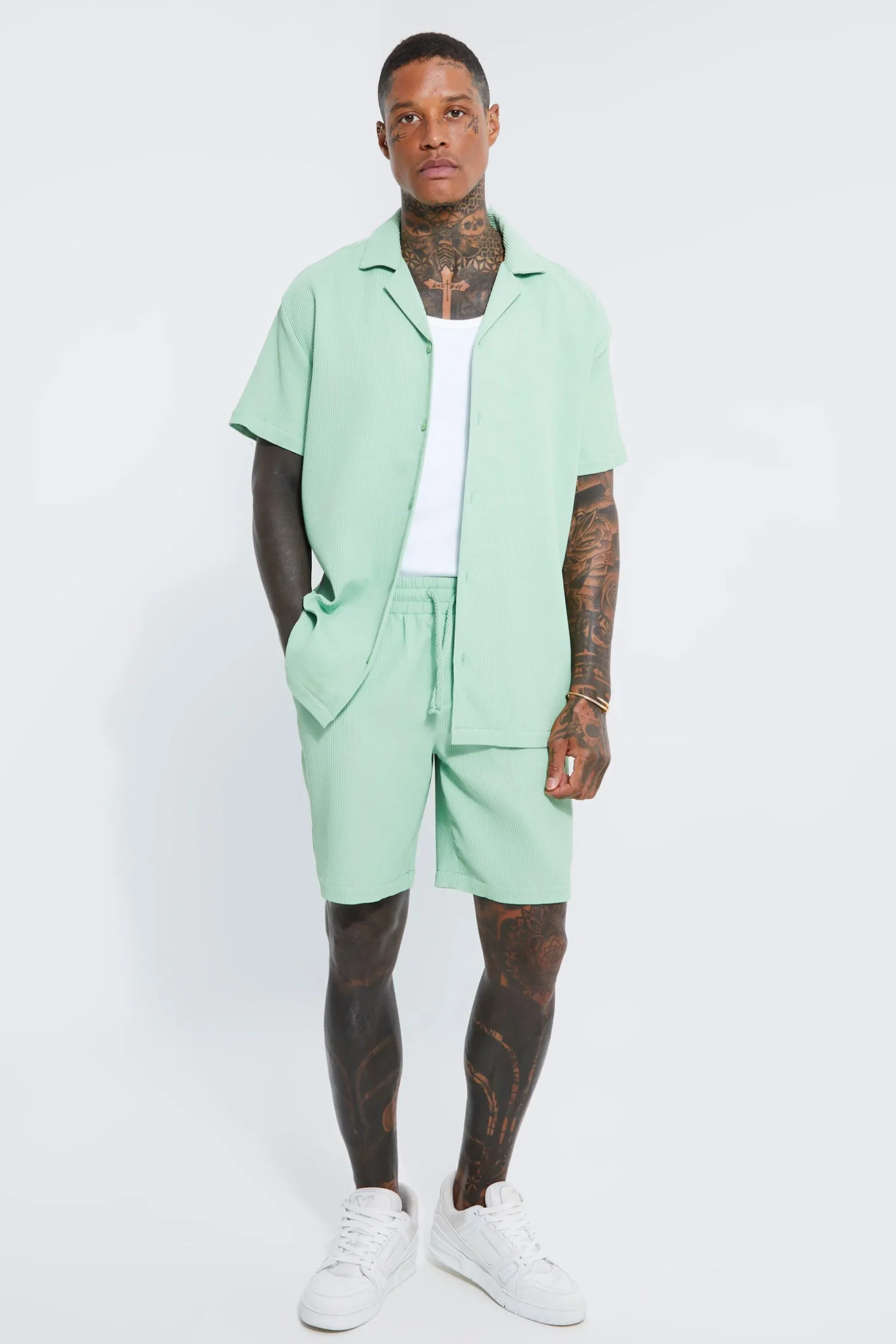 Pleated Oversized Shirt And Short Set | BoohooMAN UK