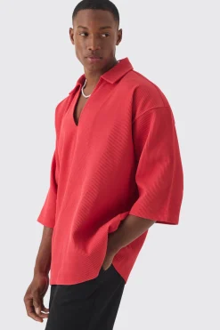Pleated Oversized V Neck Shirt | BoohooMAN UK