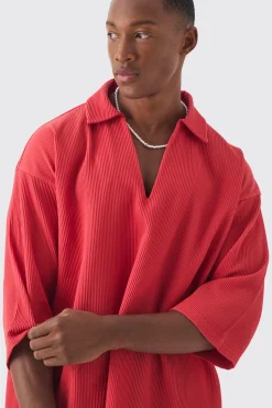 Pleated Oversized V Neck Shirt | BoohooMAN UK