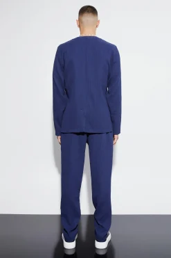 Pleated Slim Fit Collarless Concealed Button Blazer | BoohooMAN UK