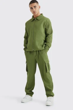Pleated Zip Shirt & Elasticated Straight Cargo Set | BoohooMAN UK