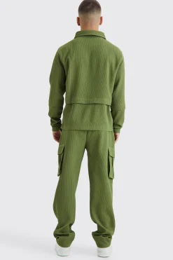 Pleated Zip Shirt & Elasticated Straight Cargo Set | BoohooMAN UK