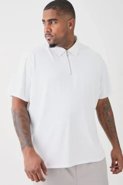Plus 1/4 Zip Pique Polo | BoohooMAN UK