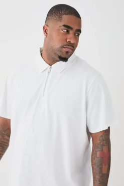 Plus 1/4 Zip Pique Polo | BoohooMAN UK