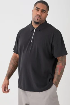 Plus 1/4 Zip Pique Polo | BoohooMAN UK