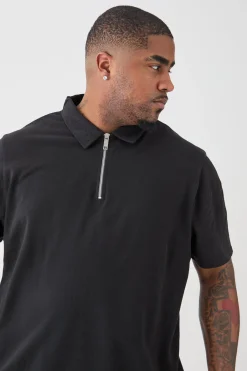 Plus 1/4 Zip Pique Polo | BoohooMAN UK