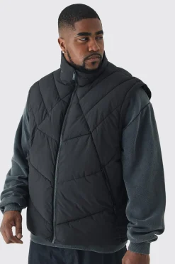 Plus Abstract Quilted Funnel Neck Gilet In Black | BoohooMAN UK