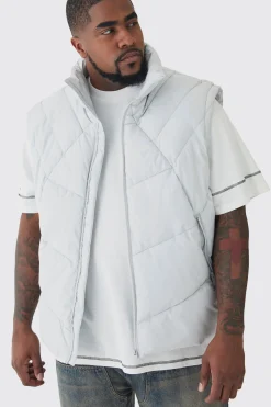 Plus Abstract Quilted Funnel Neck Gilet In Light Grey | BoohooMAN UK