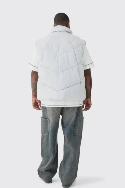 Plus Abstract Quilted Funnel Neck Gilet In Light Grey | BoohooMAN UK