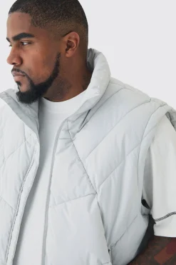 Plus Abstract Quilted Funnel Neck Gilet In Light Grey | BoohooMAN UK