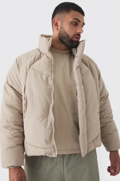 Plus Abstract Quilted Funnel Neck Puffer Jacket In Stone | BoohooMAN UK