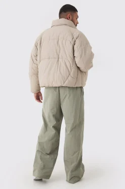 Plus Abstract Quilted Funnel Neck Puffer Jacket In Stone | BoohooMAN UK