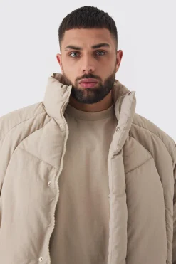 Plus Abstract Quilted Funnel Neck Puffer Jacket In Stone | BoohooMAN UK