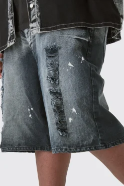 Plus Acid Wash Distressed Denim Jorts | BoohooMAN UK