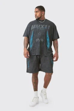 Plus Acid Wash Moto T-Shirt & Short Set | BoohooMAN UK