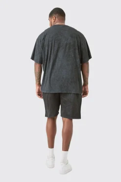 Plus Acid Wash Moto T-Shirt & Short Set | BoohooMAN UK