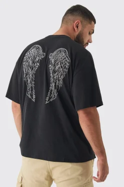 Plus Angel Wing Rhinestone Printed T-Shirt In Black | BoohooMAN UK