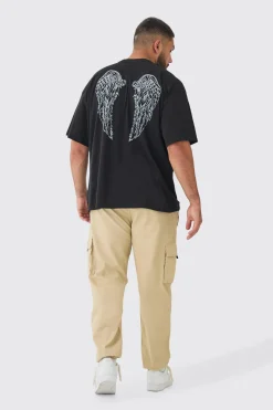 Plus Angel Wing Rhinestone Printed T-Shirt In Black | BoohooMAN UK