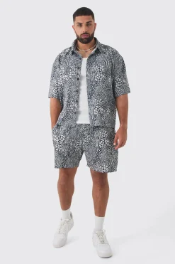 Plus Animal Printed Oversized Short Sleeve Pleated Shirt & Short Set | BoohooMAN UK