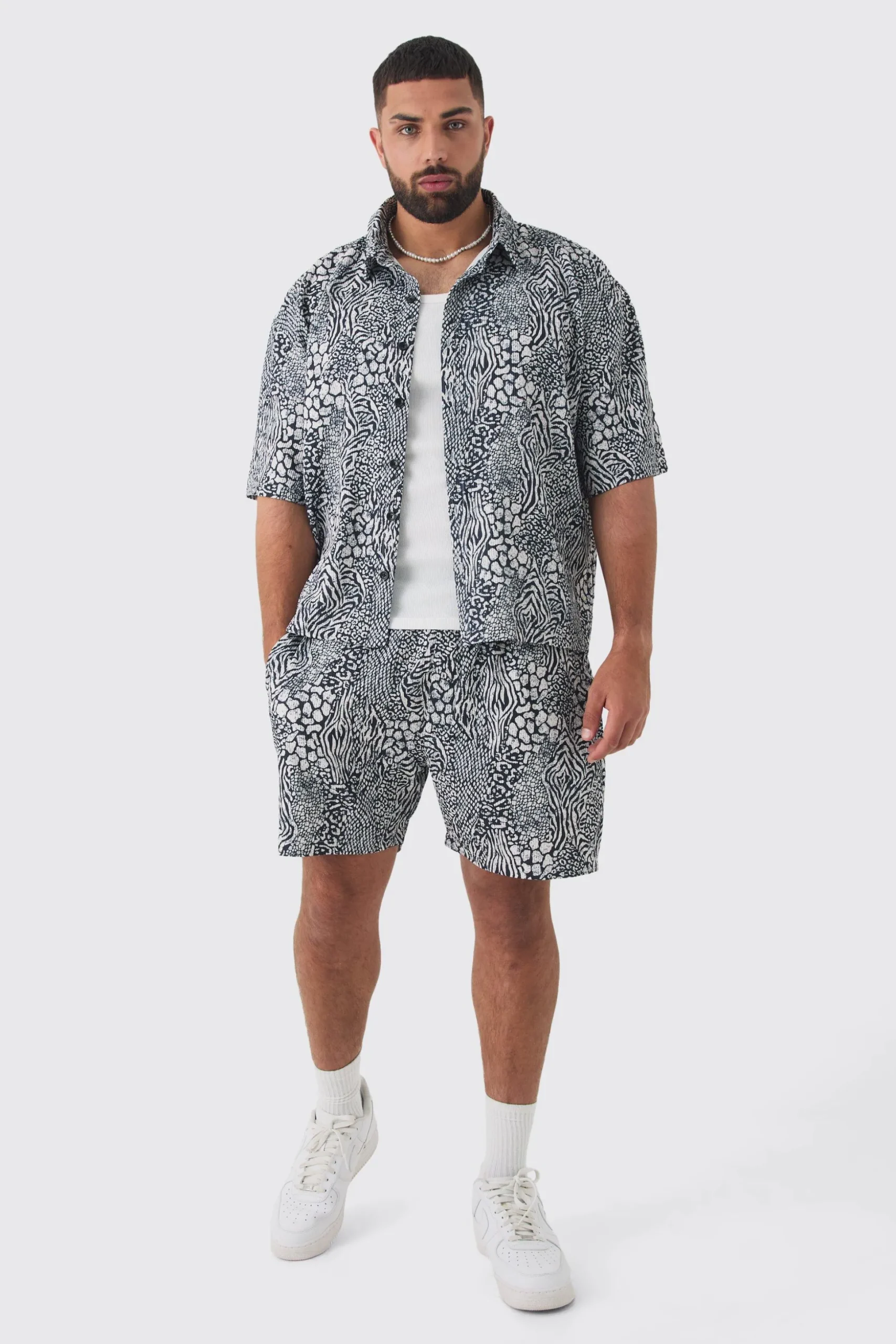 Plus Animal Printed Oversized Short Sleeve Pleated Shirt & Short Set | BoohooMAN UK