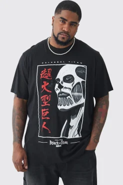 Plus Attack On Titan Anime Printed Licensed T-shirt In Black | BoohooMAN UK