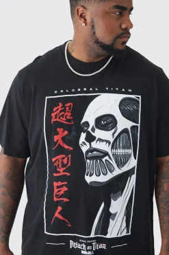 Plus Attack On Titan Anime Printed Licensed T-shirt In Black | BoohooMAN UK