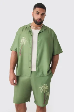 Plus Back Print Linen Look Shirt & Short Set | BoohooMAN UK