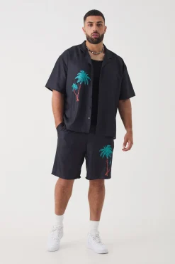 Plus Back Print Linen Look Shirt & Short Set | BoohooMAN UK